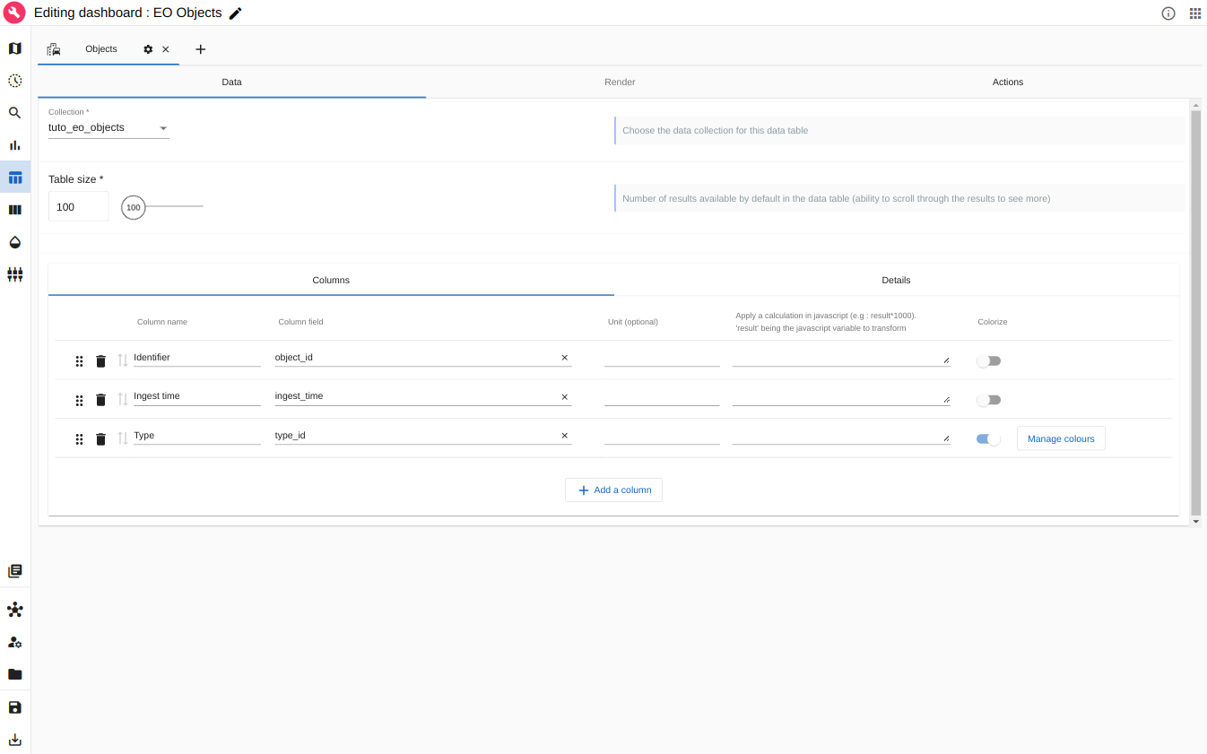 Set the objects Data Table main information