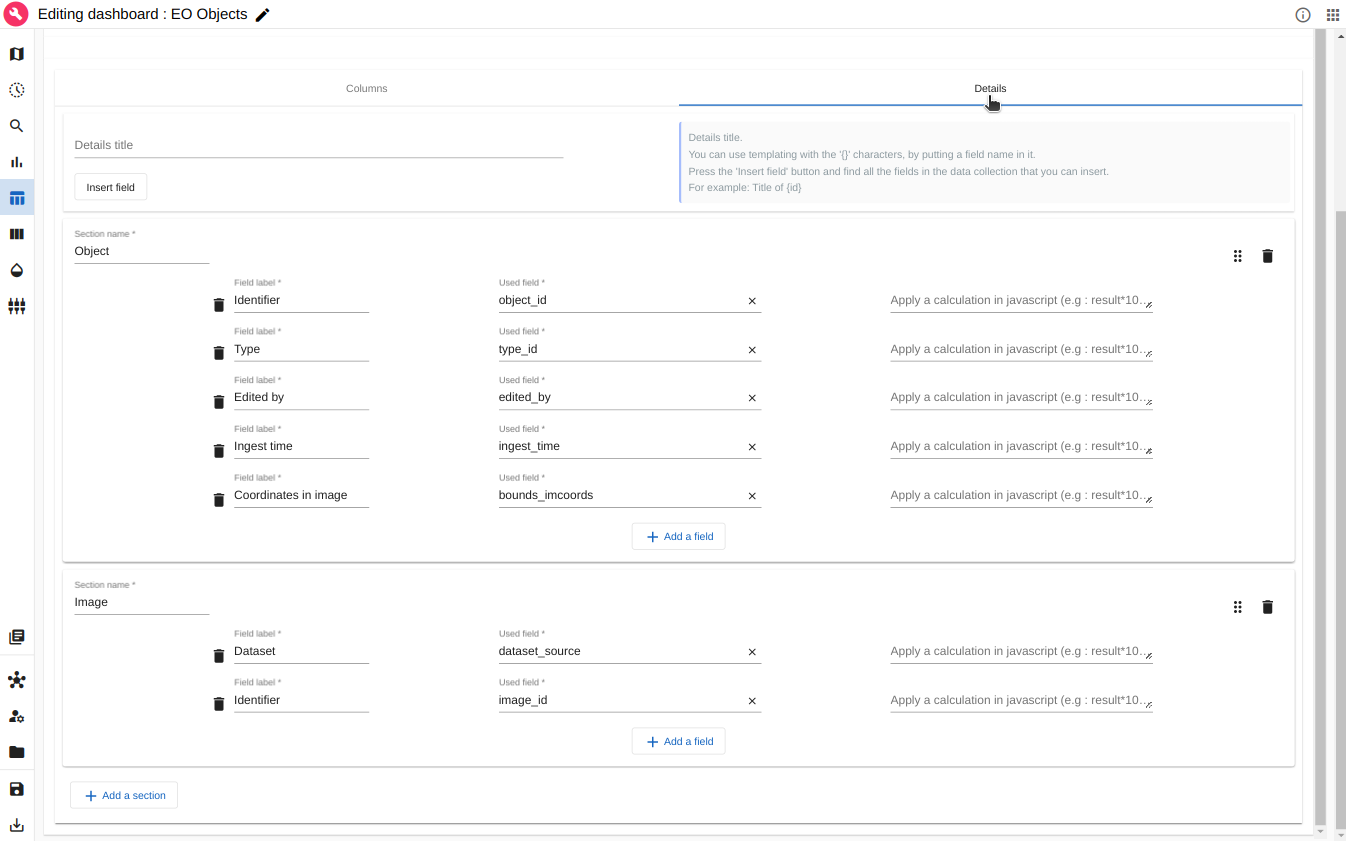 Set the objects Data Table main information