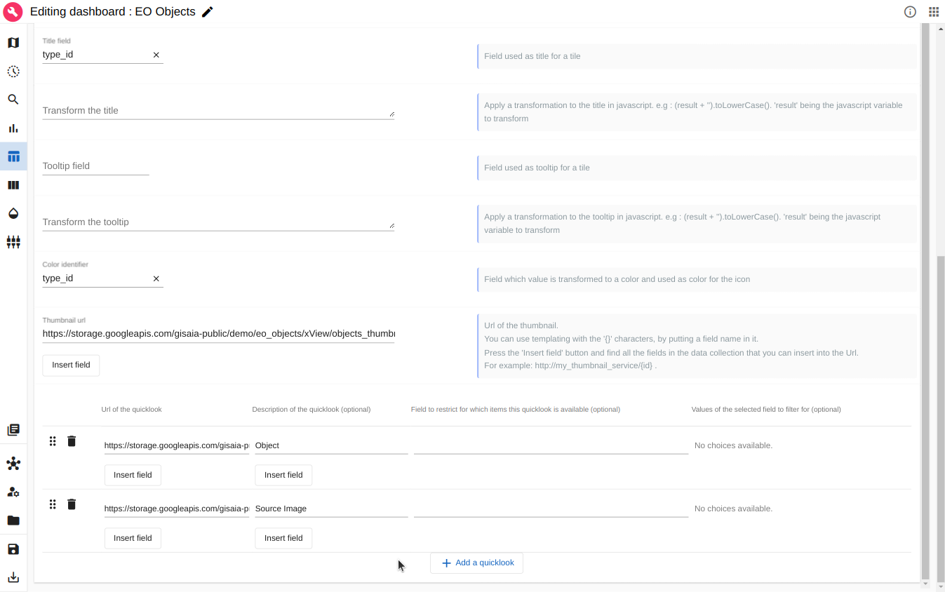 Configure the Objects and Source image Quicklooks