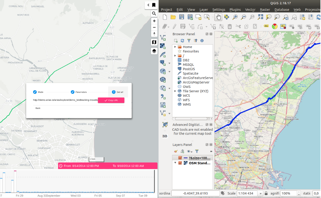 Sharing data displayed in ARLAS to visualise it in QGIS